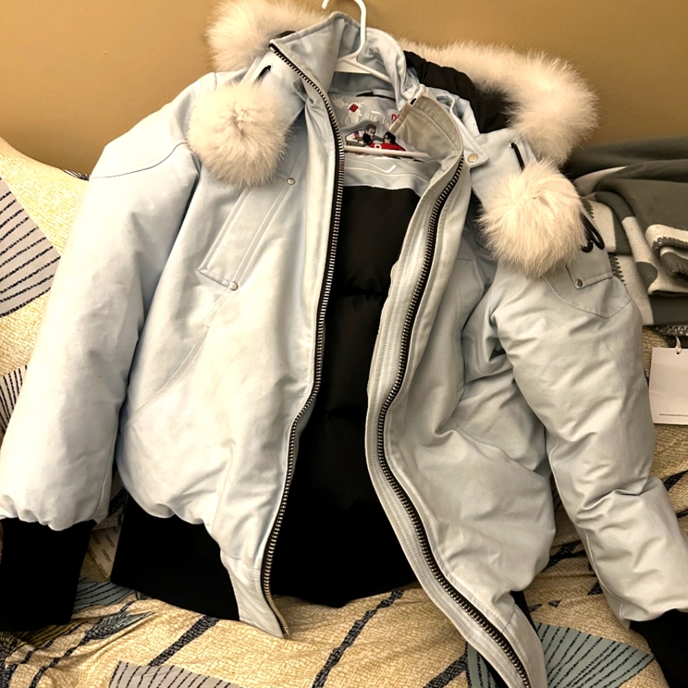Moose Knuckles Light Gray Puffer Jacket with Fur Trim Size Xlrg
